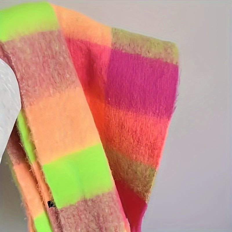 Lenço de Inverno Feminino - Amarelo Brilhante com Gradiente e Franjas, Estampa em Grade, Acessório para Clima Frio, Material Durável, Cobertura Boho, Acolchoado e Quente, Ideal para Exteriores