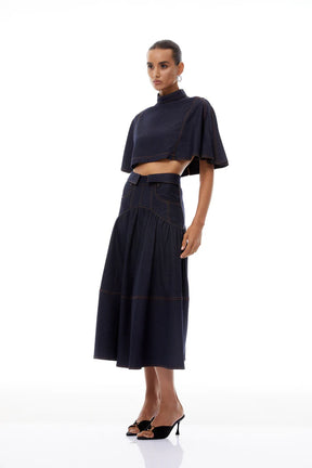 The Architectural Duo: Cape-Style Collar & Pleated Denim Ensemble
