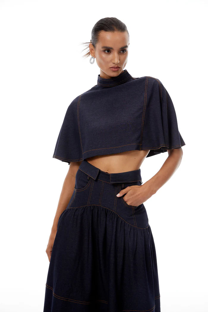 The Architectural Duo: Cape-Style Collar & Pleated Denim Ensemble