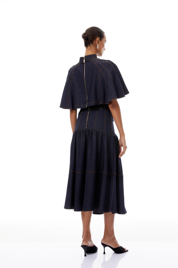 The Architectural Duo: Cape-Style Collar & Pleated Denim Ensemble