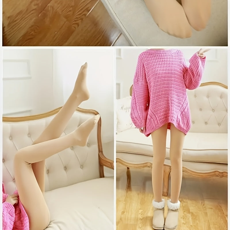 Meias-calças de Forro de Fleece para Mulheres - Leggings de Nylon Quentes e Modeladoras para Outono & Inverno, Anti-Engasos, Macias e Elásticas Bege/Nude, Laváveis à Máquina