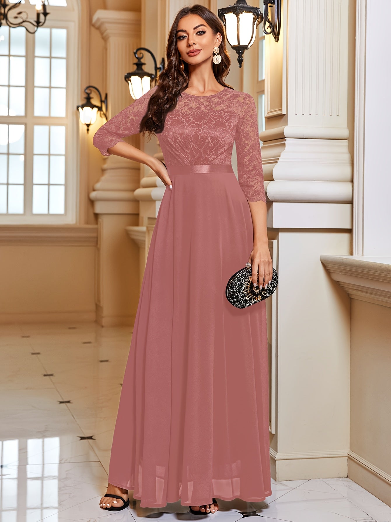 Vestido elegante de chiffon com renda e gola redonda, mangas 3/4, para casamentos, festas e damas de honor, estilo A-line.