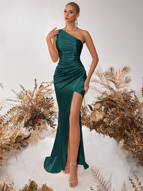 Vestido de uma alça de cetim, elegante vestido de noite comprido com bainha franzida para festa e banquete, roupa de mulher