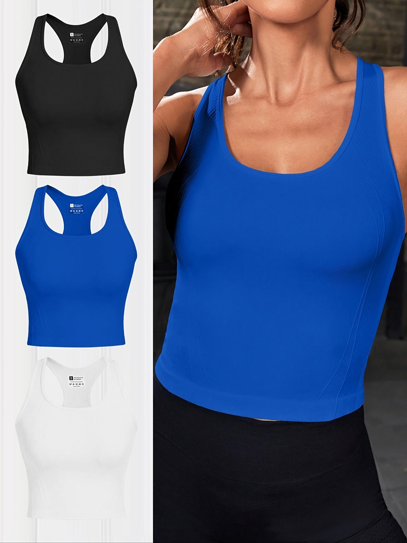 3pcs Mulheres Alta Elasticidade Treino Tank Tops - Off-Shoulder/Regular Fit, Cor Sólida, Não Padded para Corrida, Yoga, Ginásio - Primavera/Verão Activewear, Acessórios de Treino, Vestuário de Yoga, Design Minimalista, Tecido de Alta Elasticidade