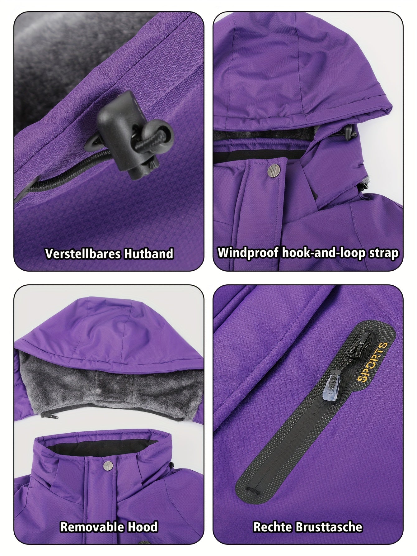 Casaco de esqui feminino com forro azul claro, capuz removível, gola de corte completo com fecho de correr, design com capuz, forro de lã multi-bolsos, ideal para esportes de inverno, snowboard, caminhadas e acampamentos, casaco de esportes de inverno|casaco com capuz|casaco forrado