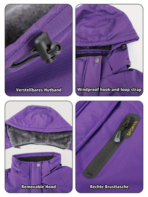 Casaco de esqui feminino com forro azul claro, capuz removível, gola de corte completo com fecho de correr, design com capuz, forro de lã multi-bolsos, ideal para esportes de inverno, snowboard, caminhadas e acampamentos, casaco de esportes de inverno|casaco com capuz|casaco forrado