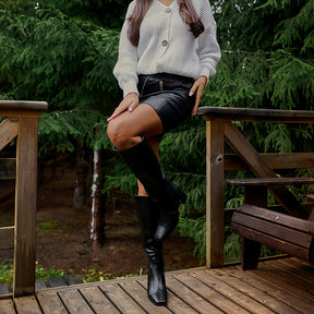 Botas de cano alto para mulheres, botas de salto médio com bloco grosso, ponta quadrada, botas altas com fecho lateral e zíper, botas longas de salto alto para mulheres