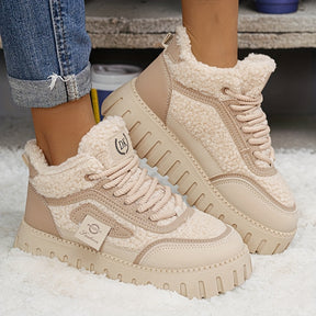 Botins de Inverno Quentes com Forro de Lã para Mulher - Botas de Neve Aconchegantes de Biqueira Redonda com Fecho de Cordões, Tração Antiderrapante, Sola de Borracha Espessa e Forro Aveludado, & Sapatos Casuais Castanhos para Clima Frio, Botas de Inverno