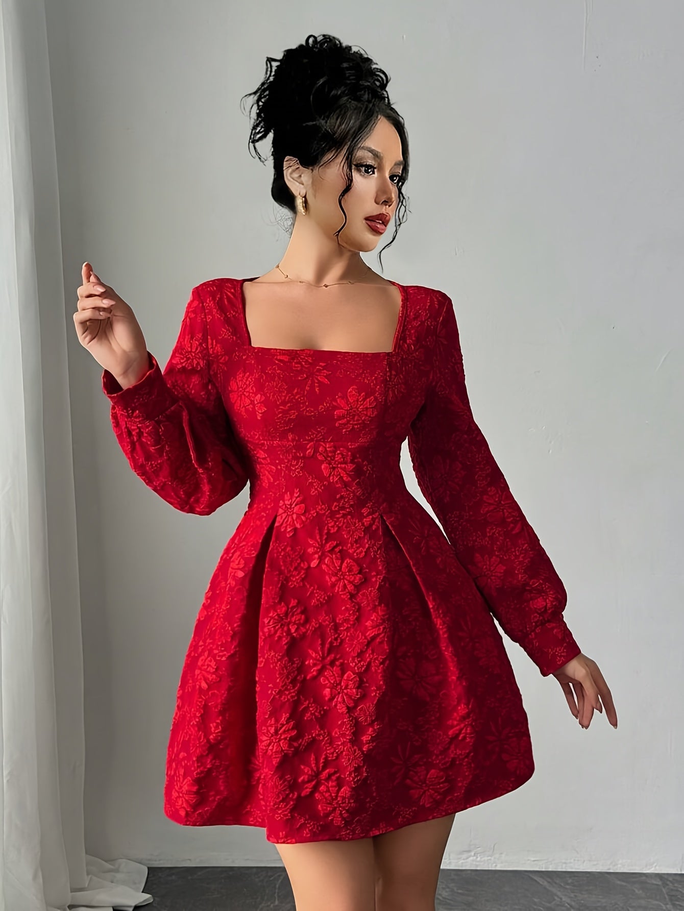 Vestido Elegante Vermelho Feminino - Manga Longa com Barra Flare, Lavável à máquina para Festas e Escritório ou Uso Diário em Todos os Estilos de Roupagem