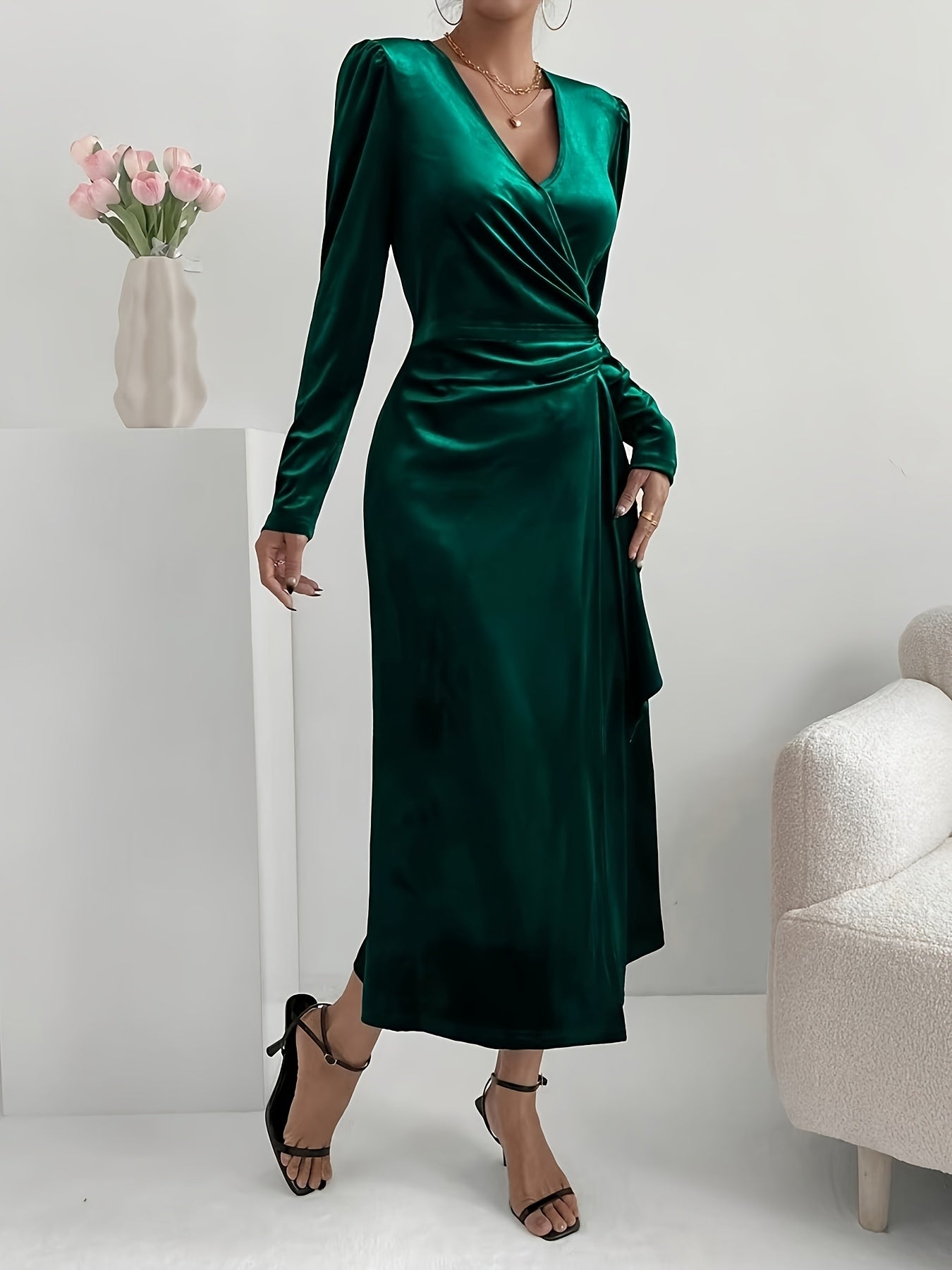 Vestido de Festa Elegante Feminino Estilo Francês - Midi Manga Longa com Pregas Verticais, Lavável na Máquina, Ideal para Casamentos e Eventos de Outono/Inverno