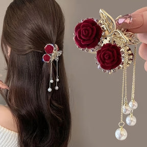1peça Elegante Renda de Rosa Vermelha com Pinça para Mulheres - Acessório de Cabelo com Brilhantes de Diamante e Acentos Dourados, Presente Perfeito para Ocasiões Especiais, Acessórios de Cabelo para