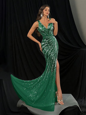 Vestido de Sereia Elegante com Decote em V e Brilhantes, Sem Mangas em Poliéster, 100% Poliéster, Para Todas as Estações, Ajuste Elegante, Comprimento no Chão com Padrão Geométrico, Sem Cinto, para Jantar Formal de Adulto