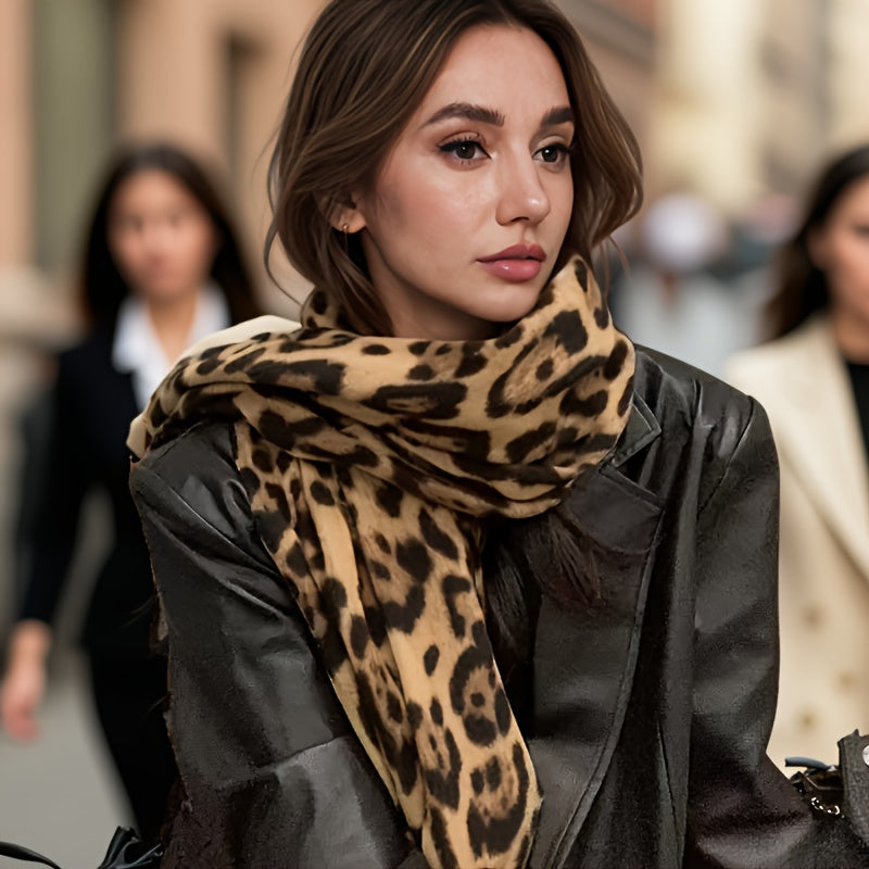 Lenço de leopardo para mulheres - Elegante envoltório de pescoço com estampa animal, suave e quente, à prova de vento, acessório de inverno para ocasiões diárias e formais, lenço elegante não elástico em preto/bege/, presente de férias perfeito para mulheres, moda sazonal, envoltório elegante, material premium, amantes da moda