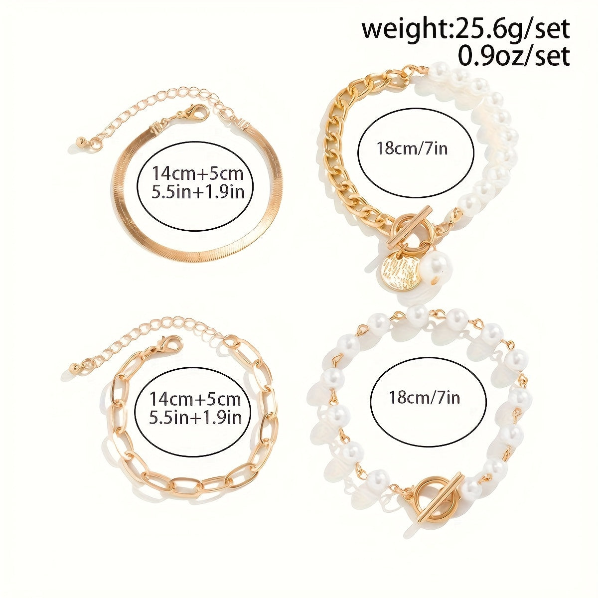 Conjunto de 4 pulseiras empilháveis com pingente de pérola imitação e corrente metálica retrô, um conjunto de pulseira e cordão elegante para mulheres, adequado para uso diário em festas, presente de aniversário ou Dia dos Namorados