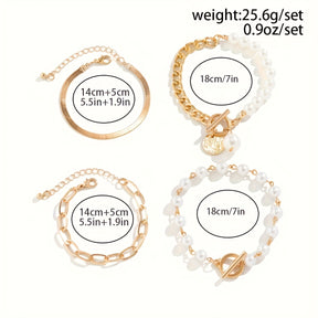Conjunto de 4 pulseiras empilháveis com pingente de pérola imitação e corrente metálica retrô, um conjunto de pulseira e cordão elegante para mulheres, adequado para uso diário em festas, presente de aniversário ou Dia dos Namorados
