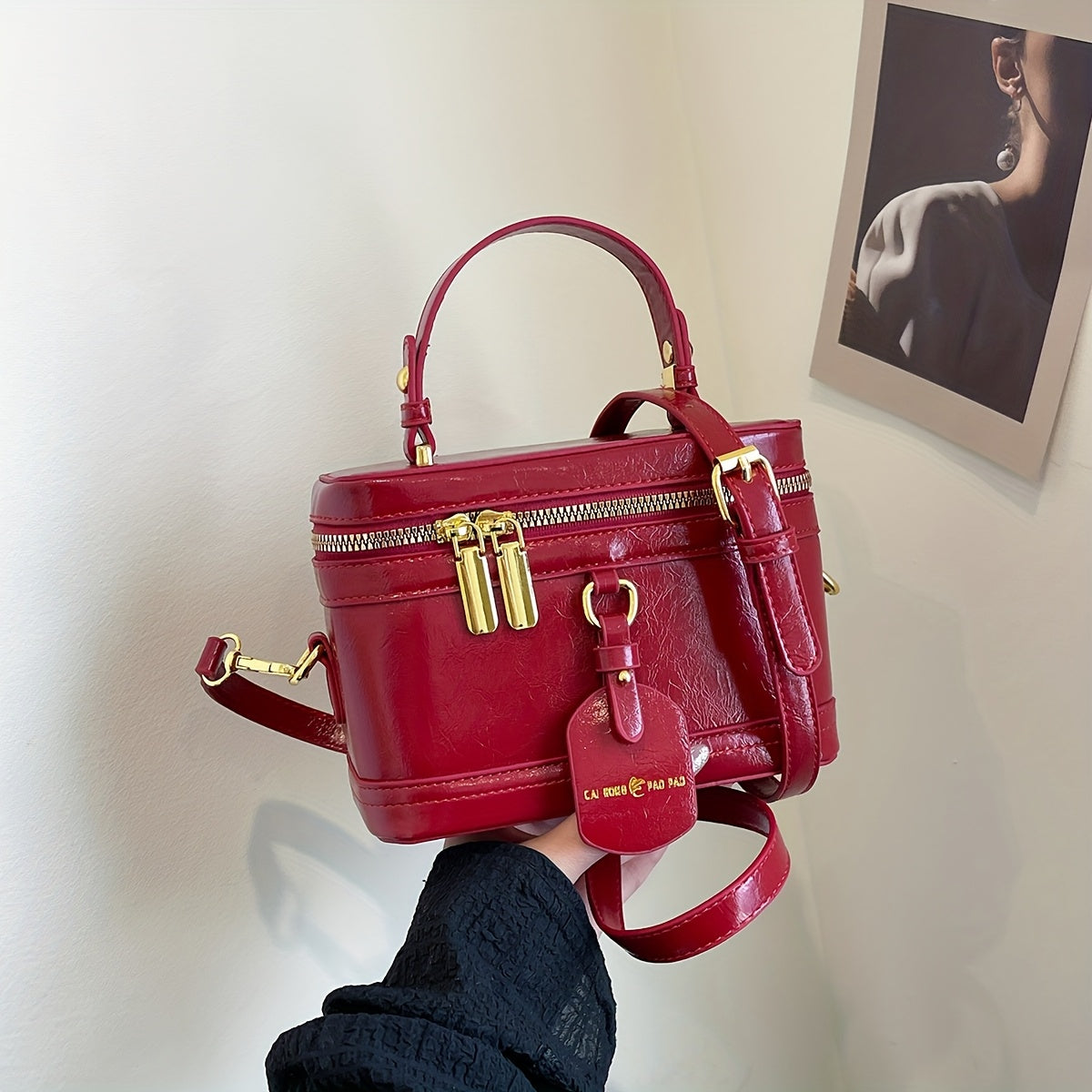 Mala de ombro feminina com alça removível - Bolsa de mão com fecho de correr, bolsa de maquilhagem com fecho de correr dourado e alça removível - Caixa de armazenamento de cosméticos portátil para, feita de material sintético durável, para batons e ferramentas de beleza, com design de pega resistente.