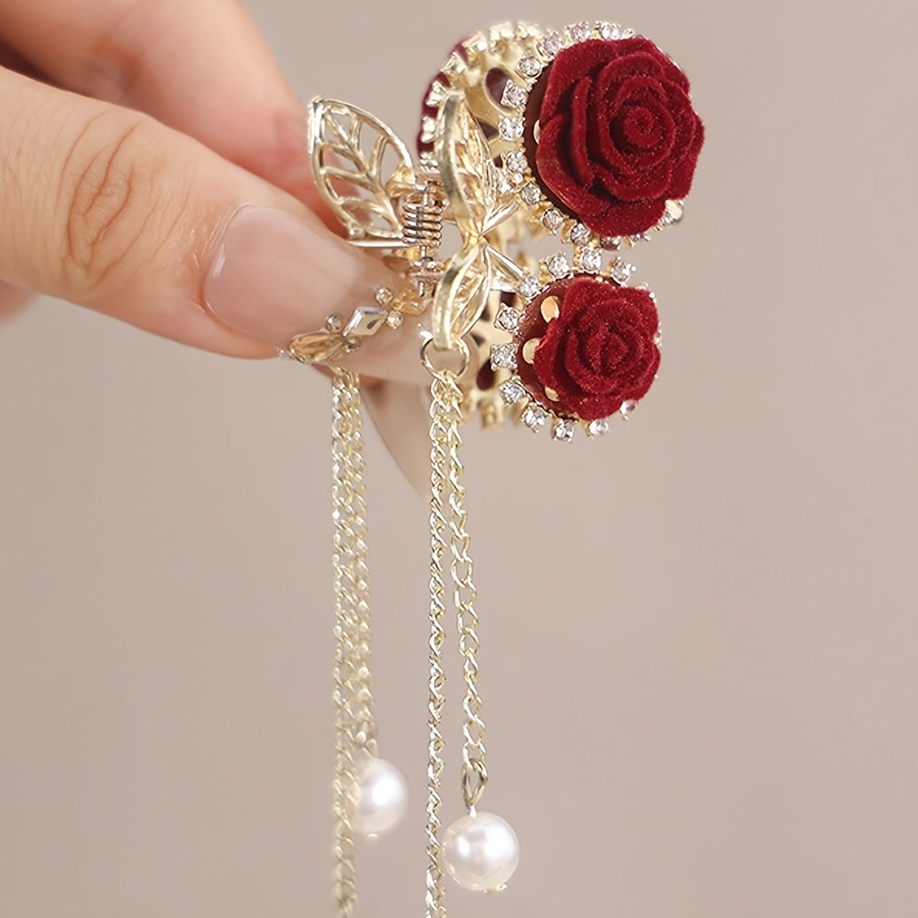 1peça Elegante Renda de Rosa Vermelha com Pinça para Mulheres - Acessório de Cabelo com Brilhantes de Diamante e Acentos Dourados, Presente Perfeito para Ocasiões Especiais, Acessórios de Cabelo para