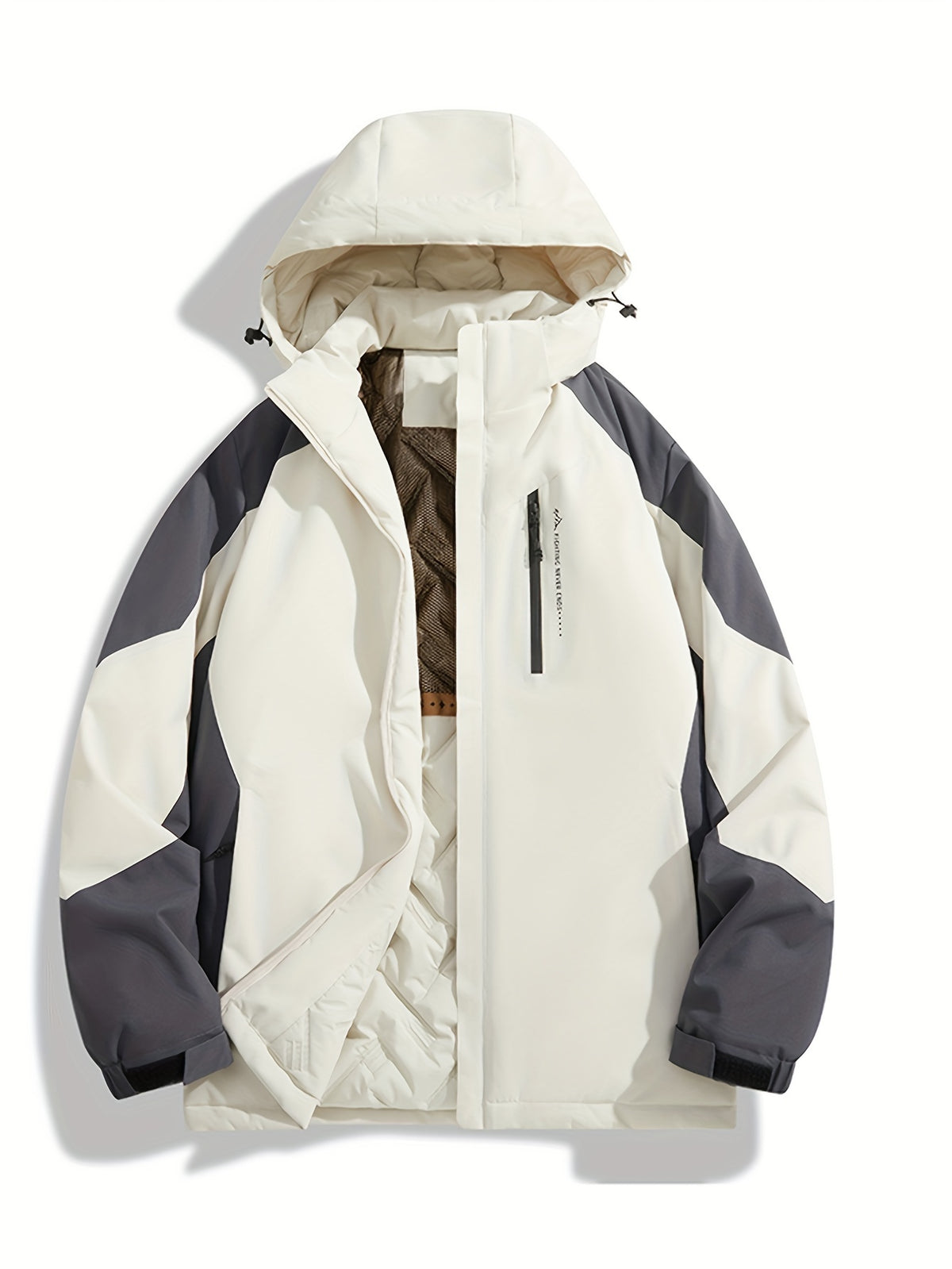 Jaqueta de Esqui Feminina à Prova de Vento e Isolada - Casaco de Inverno com Capuz, Bloco de Cores Branco/Preto, Mangas Longas com Bolsos Zíperados para Ski Alpino/Freestyle & Snowboard - Lavável em Máquina, Equipamento para Clima Frio, Estética Moderna, Material de Alta Performance, Para Entusiastas do Ar Livre