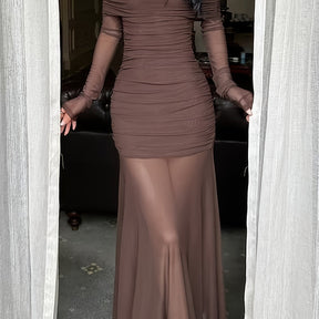 Elegant Off-Shoulder Long Sleeve Dress with Sheer Back