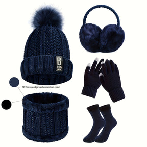 Conjunto de 5 peças de equipamento desportivo de inverno para atividades ao ar livre: Chapéu de malha quente e espessa, Golas, Luvas de ecrã tátil, Protetores de orelha de peluche e Meias de neve, Adequado para Esqui, Ciclismo e Caminhadas ao ar livre