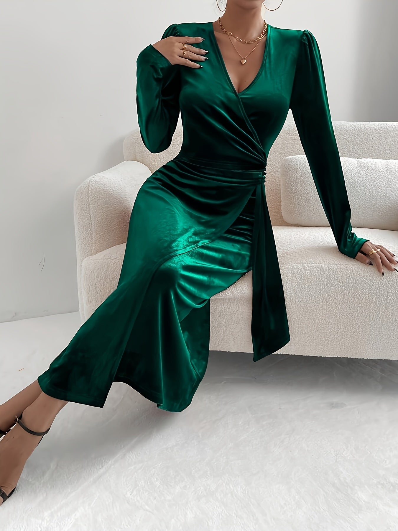 Vestido de Festa Elegante Feminino Estilo Francês - Midi Manga Longa com Pregas Verticais, Lavável na Máquina, Ideal para Casamentos e Eventos de Outono/Inverno