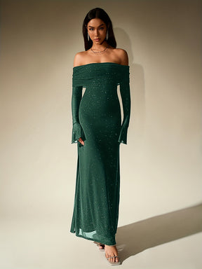 Vestido Longo de Malha Brilhante com Mangas Sino e Ombro a Descoberto, Dupla Camada, Costas Abertas para Festa - Marrom