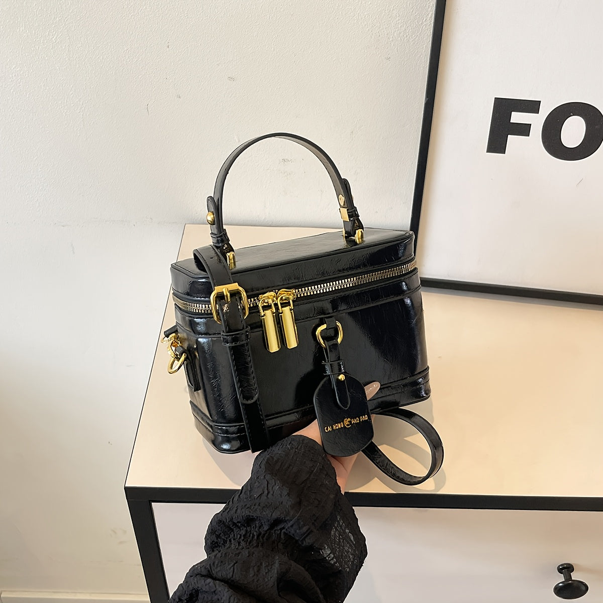 Mala de ombro feminina com alça removível - Bolsa de mão com fecho de correr, bolsa de maquilhagem com fecho de correr dourado e alça removível - Caixa de armazenamento de cosméticos portátil para, feita de material sintético durável, para batons e ferramentas de beleza, com design de pega resistente.