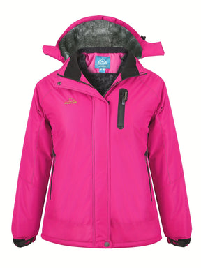 Casaco de esqui feminino com forro azul claro, capuz removível, gola de corte completo com fecho de correr, design com capuz, forro de lã multi-bolsos, ideal para esportes de inverno, snowboard, caminhadas e acampamentos, casaco de esportes de inverno|casaco com capuz|casaco forrado