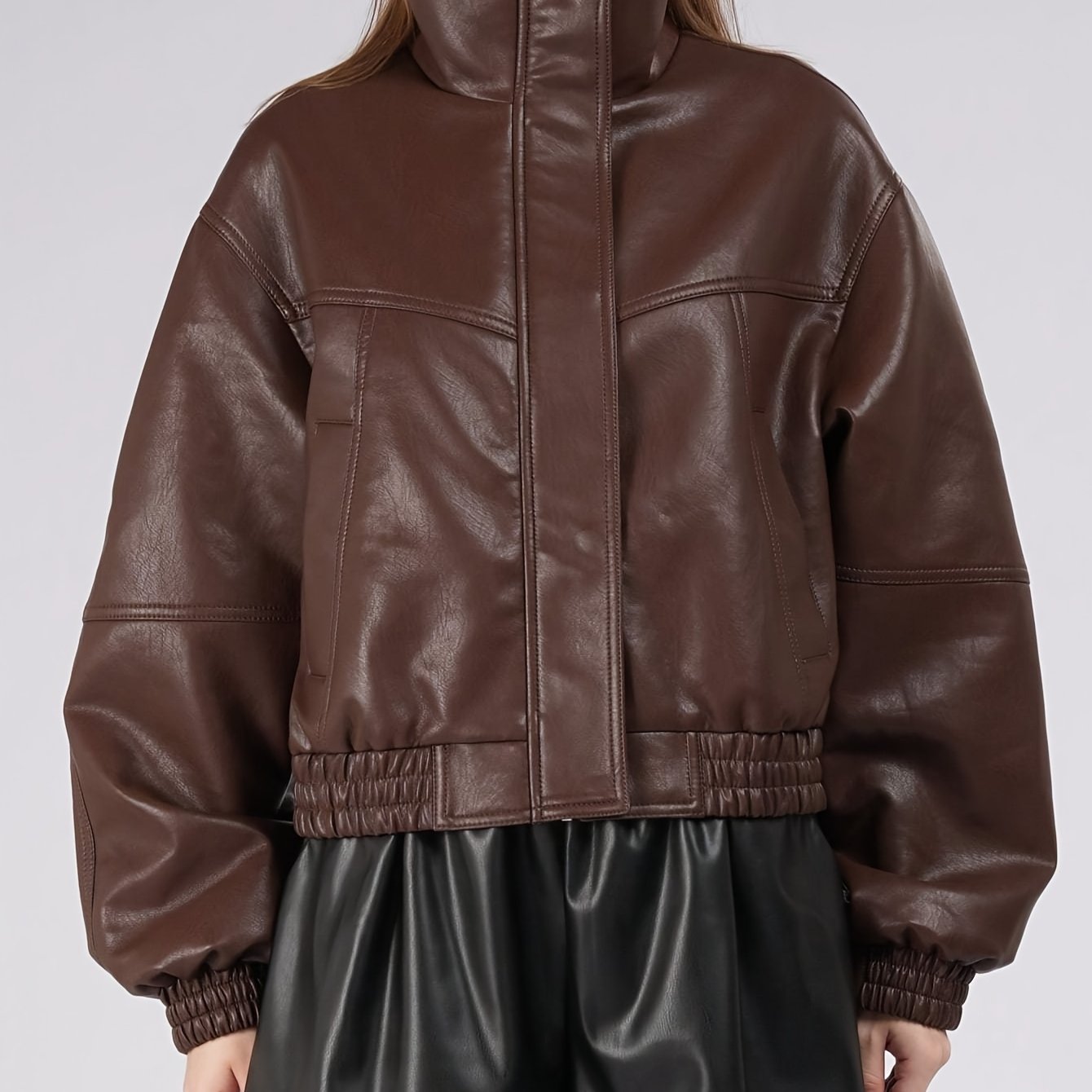 Chic PU High Collar Women's Jacket with Zipper Pockets