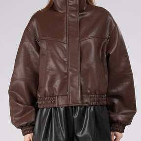 Chic PU High Collar Women's Jacket with Zipper Pockets