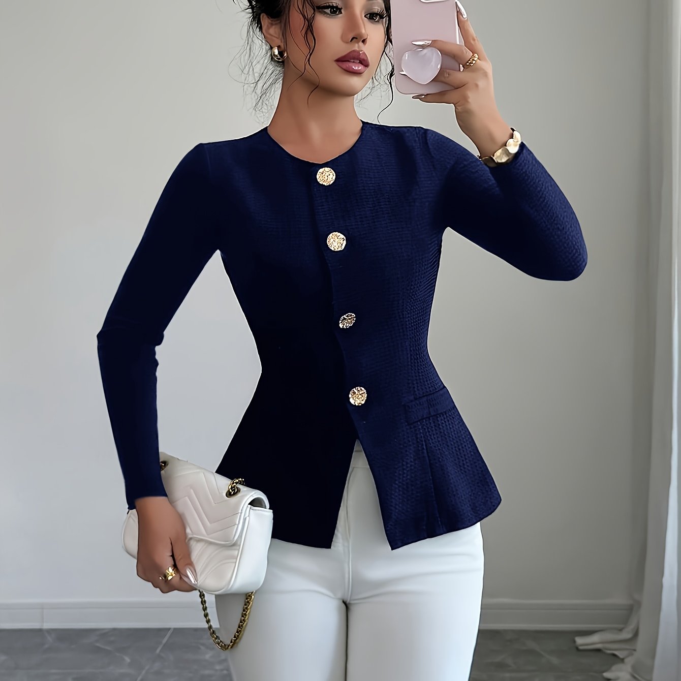 Elegant Waist-Tightening Jacket with Golden Accents