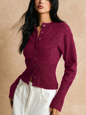 Cardigã elegante de coroas para mulheres - Manga comprida, fecho de botão, decote redondo, elástico e elegante para outono/inverno, casual a formal, vestuário formal de inverno | Cardigã de decote redondo | Construção, cardigã de malha