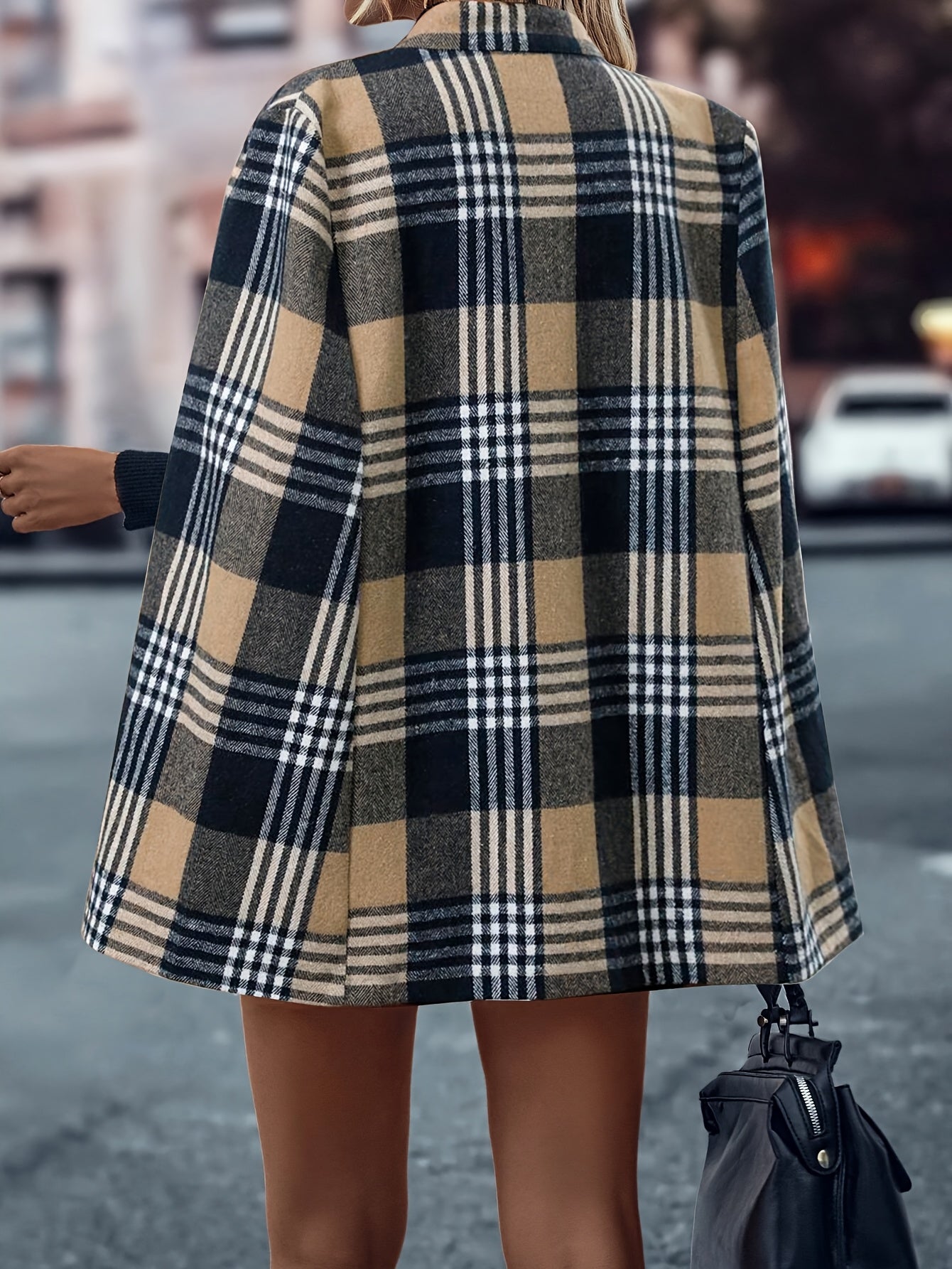 Casaco de Capa com Capuz de Xadrez Elegante para Mulheres - Padrão de Xadrez Preto e Branco, Manga Longa, Abotoamento Frontal, Roupa de Outono/Inverno com Bolsos, Estilo Casual Chic, Casaco de Inverno, Jaqueta de Mulher para Outono