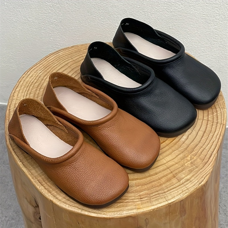 Chinelos Mocassim Retrô Femininos - Sapatilhas Marrons de Bico Redondo com Sola de Borracha Macia, Para Todas as Estações/Exterior, Fácil de Limpar e Lavável à Mão - Botinhas Baixas Amigáveis para Avós e Idosos