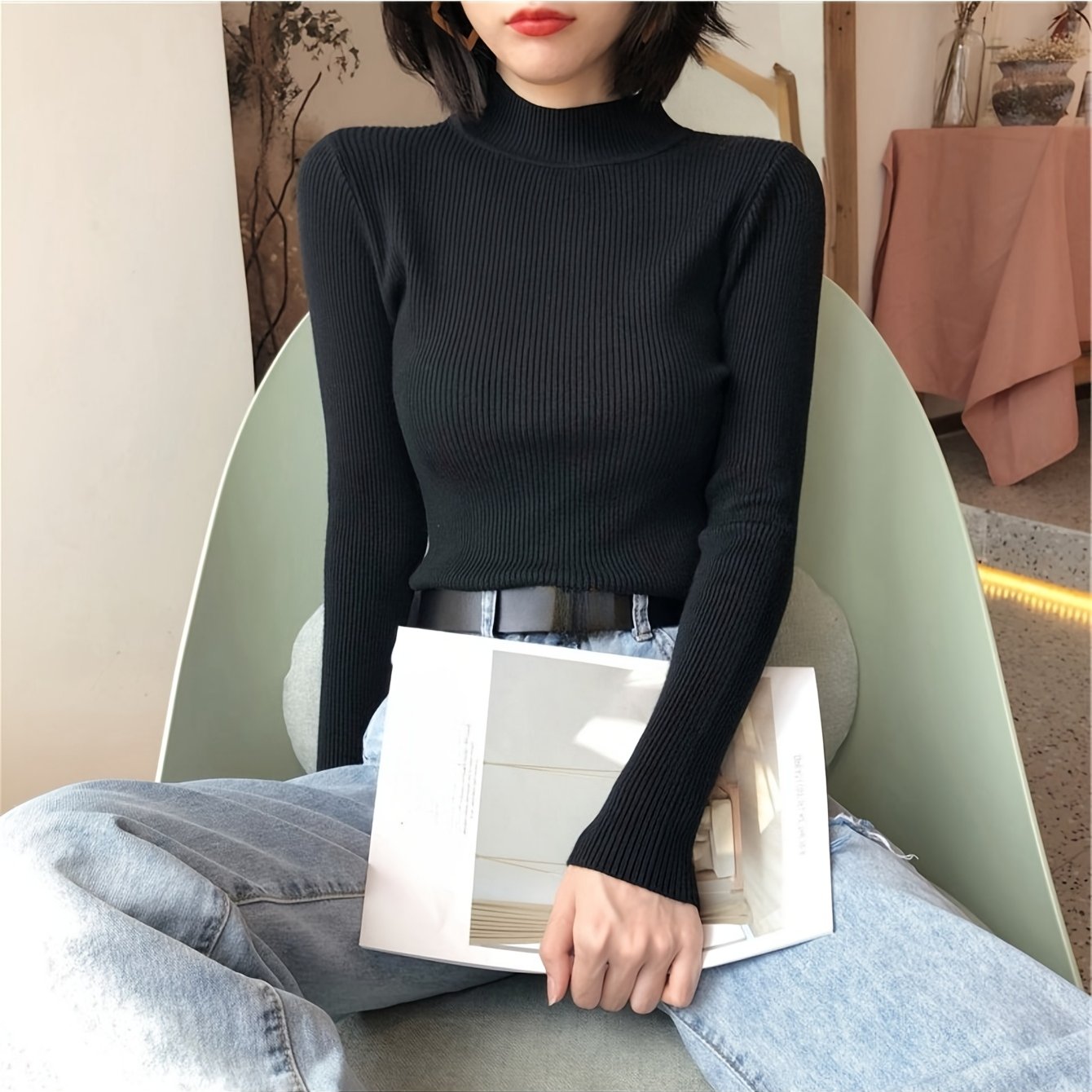 Elegant Black Turtleneck Blouse - Chic Slim Fit for Every Occasion