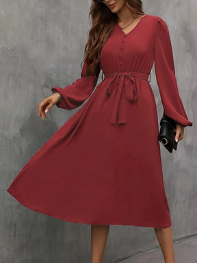 Vestido de Mulher Francês Vintage Borgonha com Decote em V, Mangas com Folhos e Laço na Cintura - Vestido Elegante de Festa, Casamento, A-Line, Corte Flattering para Gala de Natal