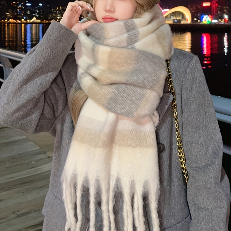 Cachecol Elegante de Inverno para Mulheres - Franja Grossa em Bege/Marrom/Preto/Branco - Acessório Antirretração e Respirável para Esqui, Viagens, Ao Ar Livre - Colar Macio e Quente (Lavável à Mão) - Cachecol de Pescoço Antiderrapante para Todos os Beiges