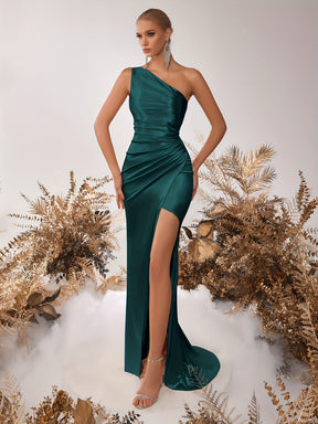 Vestido de uma alça de cetim, elegante vestido de noite comprido com bainha franzida para festa e banquete, roupa de mulher