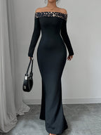 Vestido Elegante de Ombro a Descoberto com Estampa de Leopardo para Mulheres - Manga Longa, Preto Ajustado e Versátil para Todas as Estações, Lavável na Máquina, Ideal para Looks Formais ou Casuais, Confortável e Estiloso