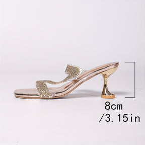 Sapatos de salto alto com strass para mulheres - Sapatos de festa transparentes em TPU com design de dedo aberto, tira de tornozelo ajustável e salto metálico para casamentos, aniversários, eventos de verão (Champagne, Prateado), Sapatos de festa de salto alto, Sapatos de convidado para casamentos, Calçado elegante para eventos glamouros, Embalagens de strass, Sola de PU durável