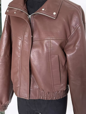 Casaco de Mulher em PU de Cor Sólida com Gola Alta e Bolso com Fecho, Estilo OUTTA BOX, Elegante e Casual, Doce e Cool, Adequado para Uso Diário, Festas, Outono e Inverno, Natal, Ano Novo.