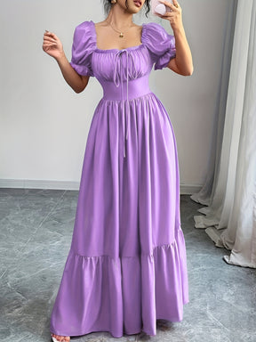 Women's Square Neck Bubble Sleeve Bow Front Open Back High Waist Dress