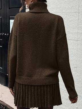 Conjunto Elegante de Camisola de Gola Alta e Saia de Cor Lisa para Mulher - Manga Comprida, Bainha com Folhos, Roupa de Outono/Inverno, Estilo Casual Chic, Perfeito para Roupa Casual, Roupa Aconchegante de Outono, |Estilo Elegante|construção, Vestido de Camisola