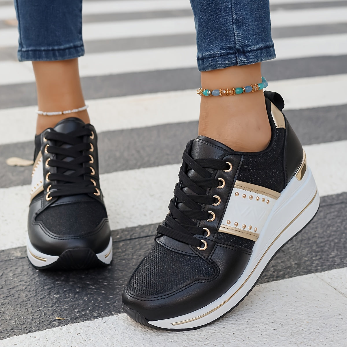 Women'S Stylish Black Sneakers with 2.76inch Insole - Non-Slip, All-Season Comfort, Motion-Control Support, Polyurethane Upper, Fabric Lining & Sole, Casual Elegance, Casual Footwear | Stylish Sneakers | Comfortable Footwear