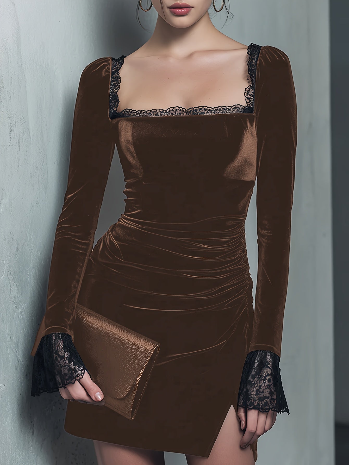 Vestido Elegante Feminino em A-Line com Decote Quadrado e Fenda - Manga Longa - Vestido de Festa de Casamento e Eventos Formal para Todo o Ano, Cor Sólida (Lavagem à Mão/Limpeza a Seco)