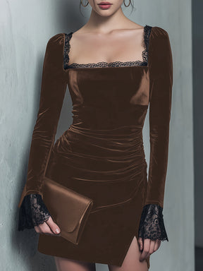 Vestido Elegante Feminino em A-Line com Decote Quadrado e Fenda - Manga Longa - Vestido de Festa de Casamento e Eventos Formal para Todo o Ano, Cor Sólida (Lavagem à Mão/Limpeza a Seco)