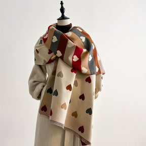 Elegante Cachecol Reversível Feminino com Estampa de Coração - Macio e Quente Bege/Marrom/Vermelho/Cinza/Branco com Padrão de Coração Preto, Perfeito para Festas, Encontros e Uso Casual - Acessório de Inverno Versátil, Lavável à Mão, Cachecol de Inverno Feminino, Cachecol Elegante Feminino, Xale de