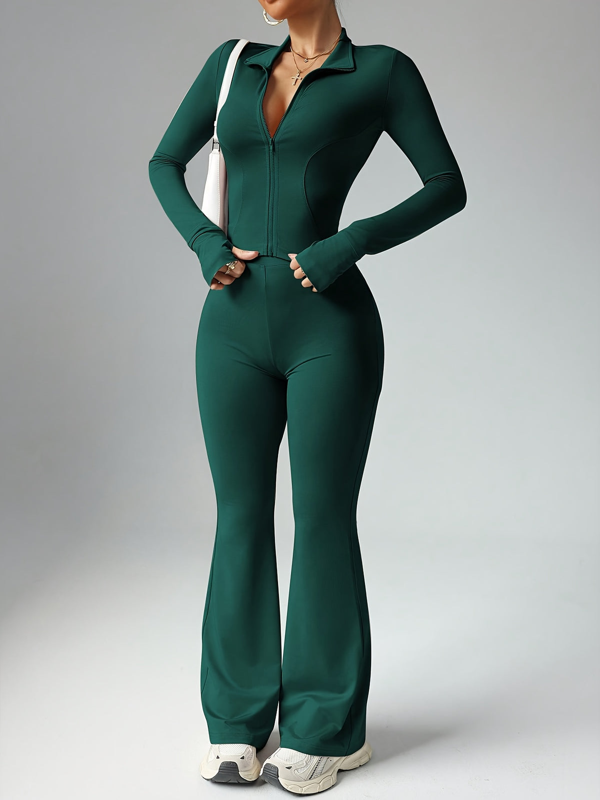 Conjunto Casual Feminino Primavera/Verão 25 Anos: Jaqueta Aberta com Zíper e Calça Flare Ajustada, Top Slim Fit com Bolsos para Polegar e Calças de Cintura Alta