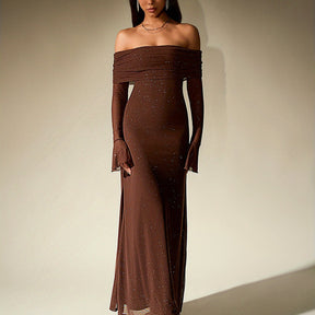 Elegant Off-Shoulder Sequin Maxi Dress with Bell Sleeves