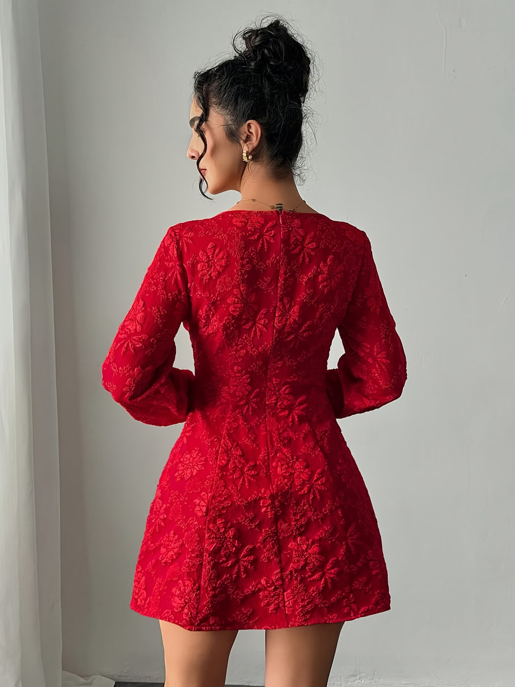 Vestido Elegante Vermelho Feminino - Manga Longa com Barra Flare, Lavável à máquina para Festas e Escritório ou Uso Diário em Todos os Estilos de Roupagem